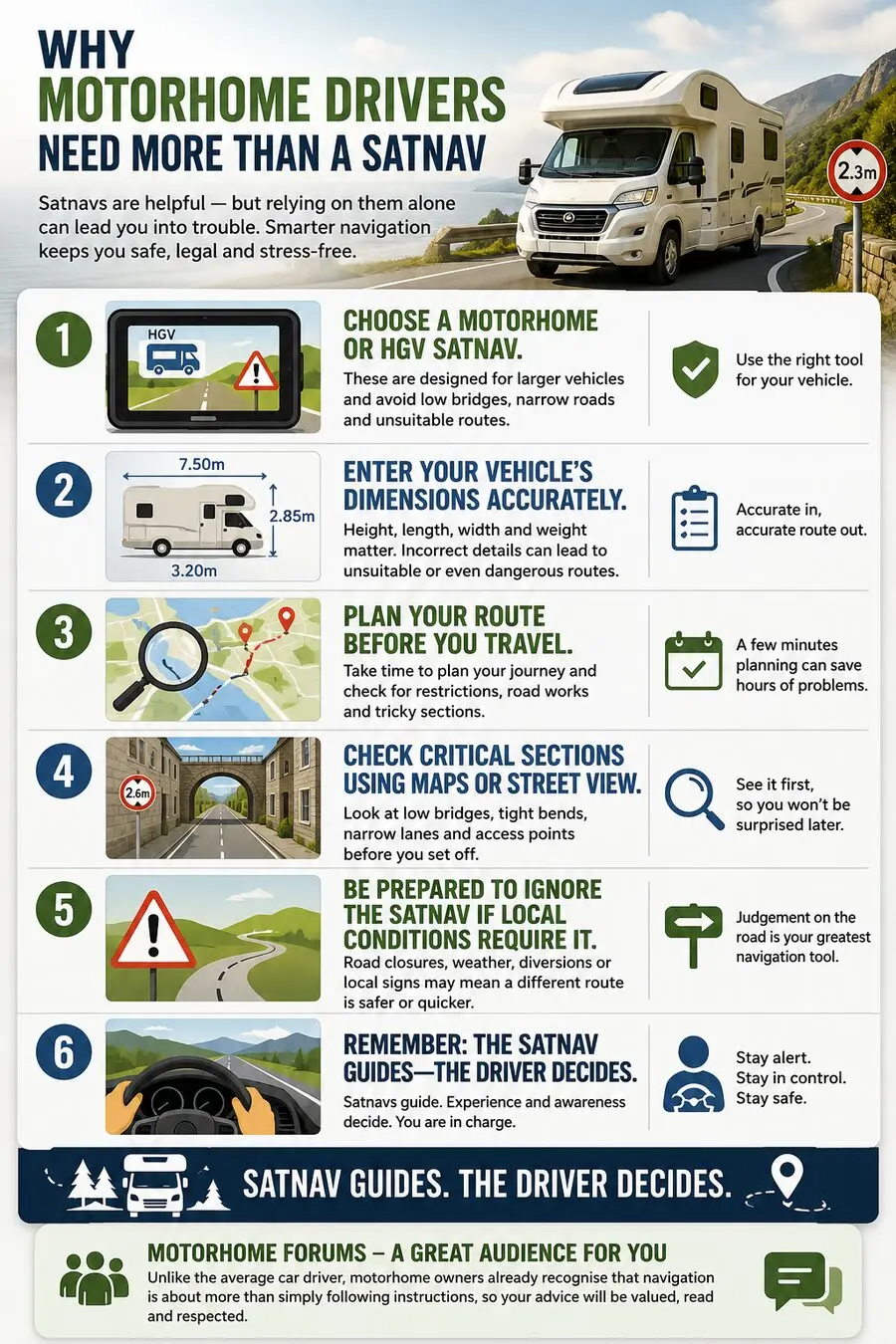 Infographic listing six steps for motorhome drivers: choose a motorhome or HGV satnav, enter vehicle dimensions accurately, plan the route, check critical sections, be prepared to ignore the satnav, and remember the driver decides